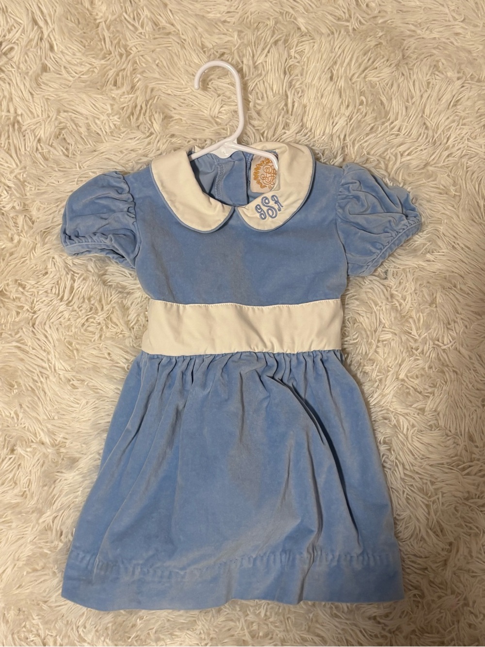 Blue Velvet Kids Dress with White Collar and Waistband